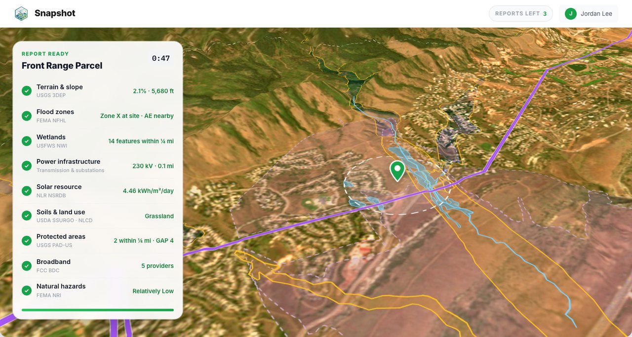 Snapshot screening a site: a 3D terrain map with flood, wetland and transmission overlays beside a completed screening checklist
